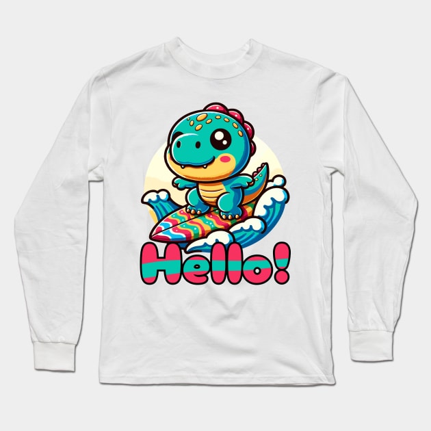 Kawaii Dinosaur Surfing Funny T-rex Long Sleeve T-Shirt by sovadesignstudio